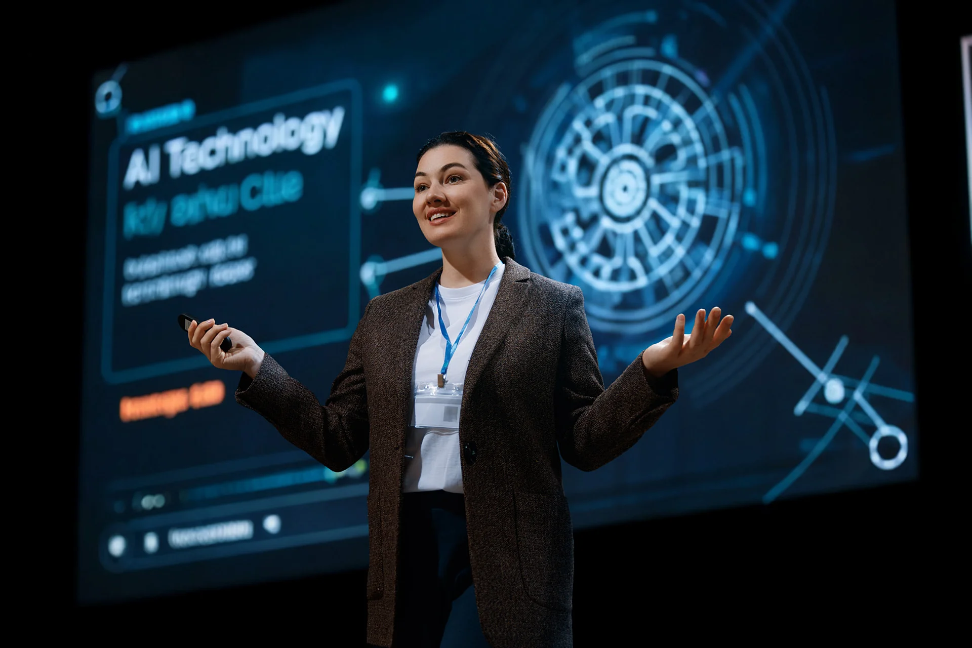 Frau in Business-Kleidung hält einen Vortrag über KI-Technologie