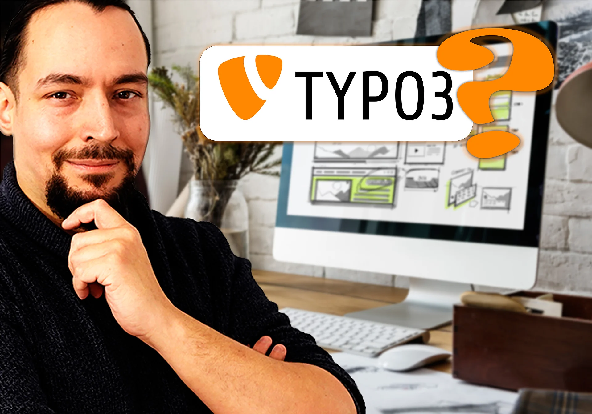 Mann mit TYPO3 Logo im Hintergrund