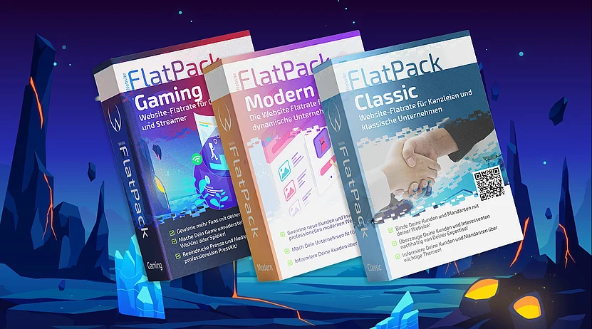 Drei FlatPack-Webseiten-Pakete: Gaming, Modern und Classic