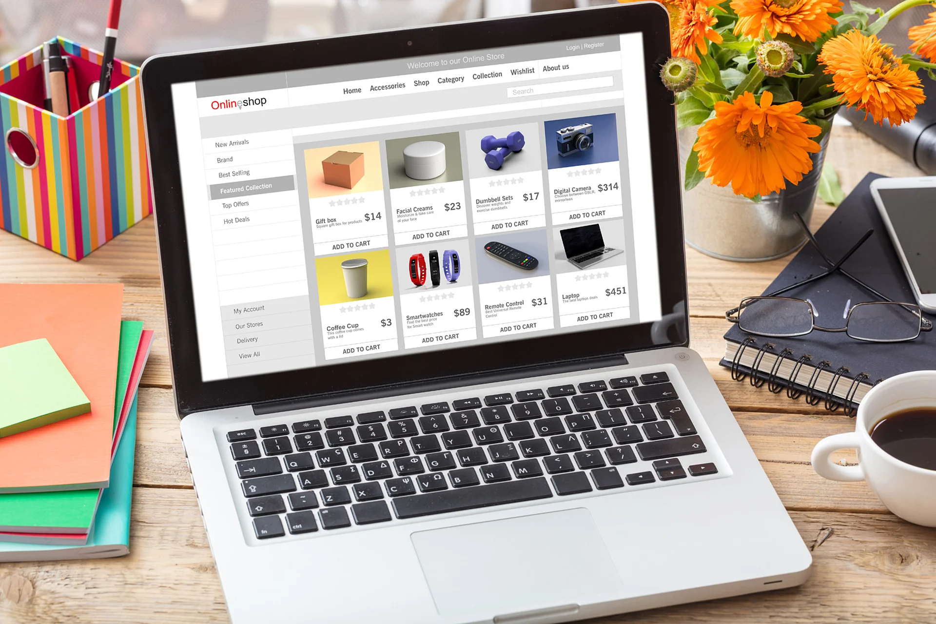 Online-Shop auf einem Laptop mit verschiedenen Produkten
