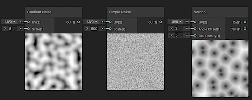 Drei verschiedene Rauschmuster: Gradient Noise, Simple Noise und Voronoi.